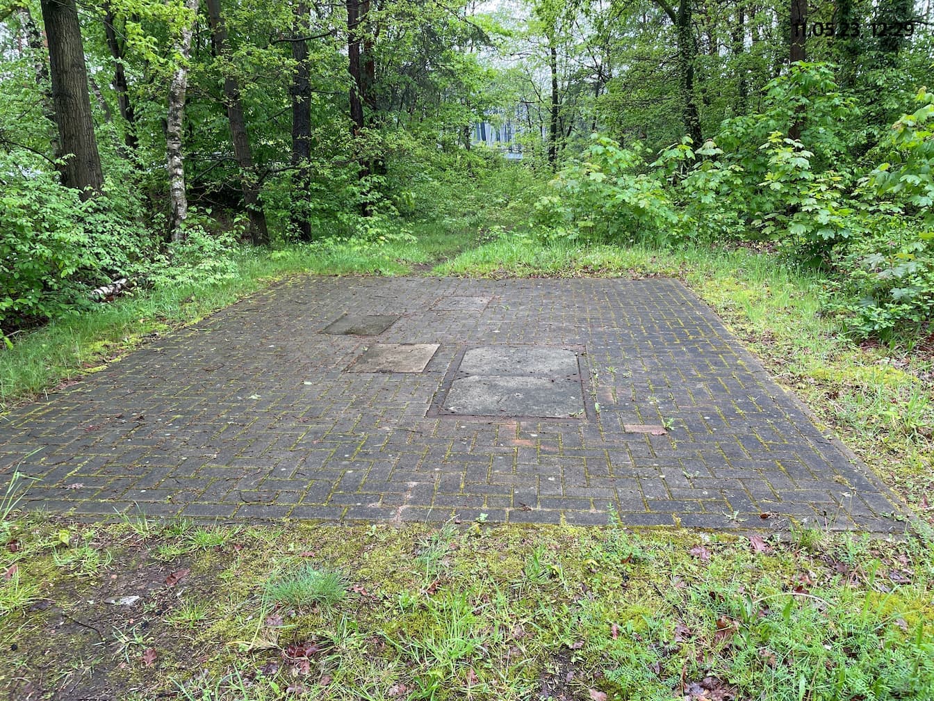 Schachtabdeckungen auf einer gepflasterten Fläche, umgeben von Bäumen und Sträuchern