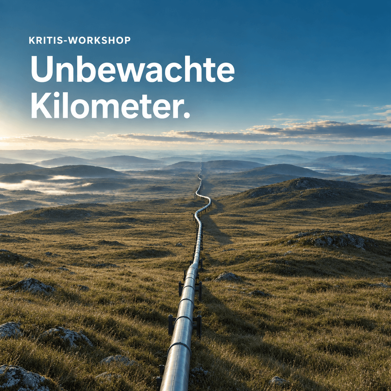 KI-generierte, fotorealistische Darstellung einer fiktiven Gasleitung in einer weiten Hügellandschaft mit der Aufschrift „KRITIS-Workshop: Unbewachte Kilometer.“
