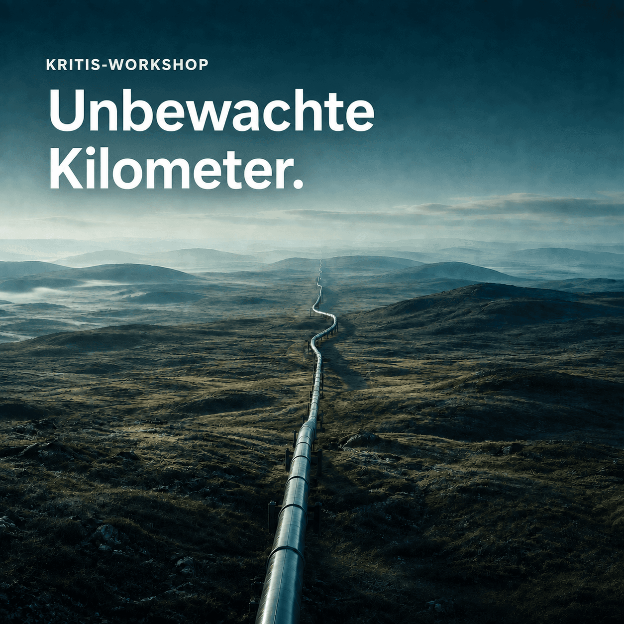 Illustration einer langen Leitung durch eine weite Landschaft mit der Aufschrift „KRITIS-Workshop: Unbewachte Kilometer.“