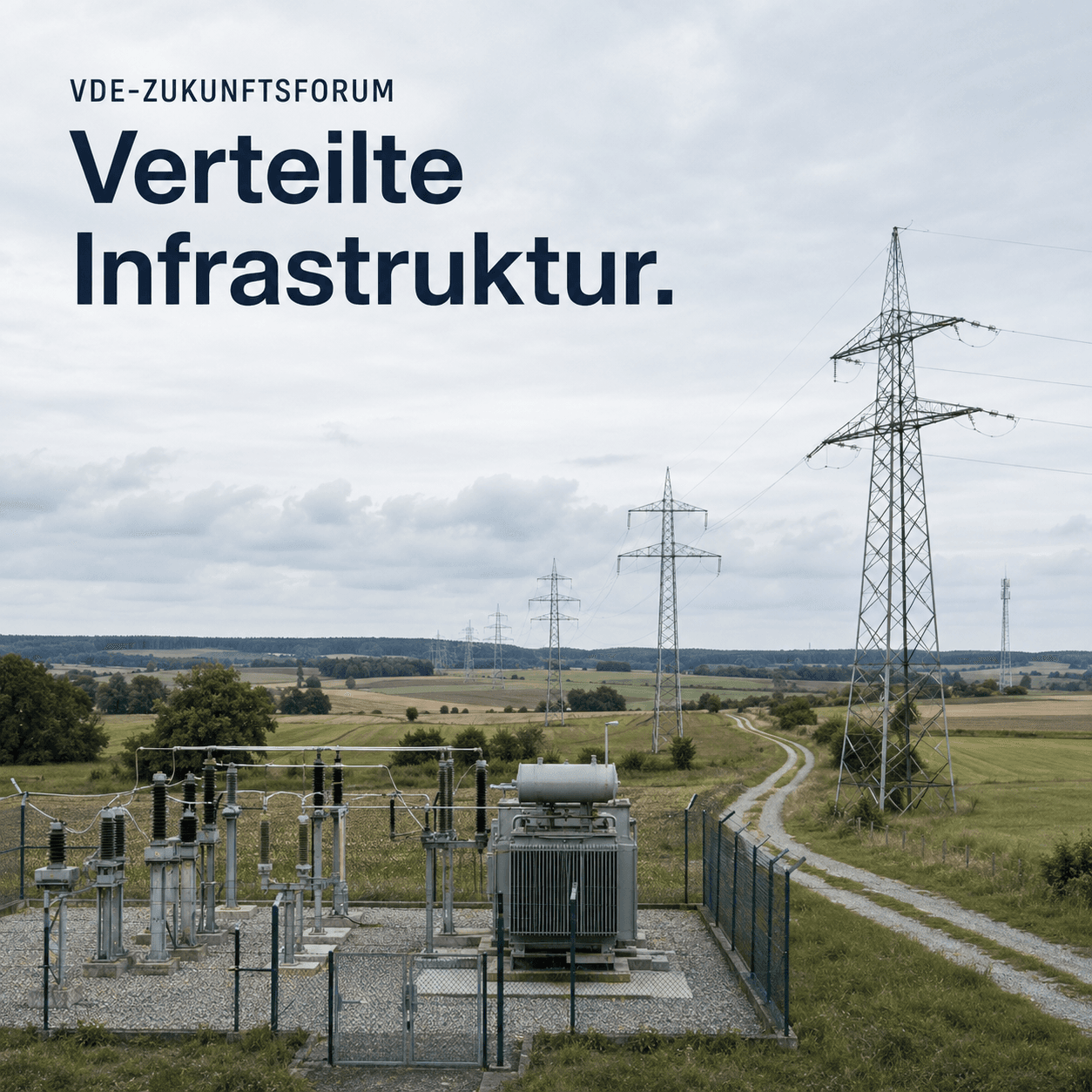 KI-generierte, fotorealistische Darstellung eines fiktiven Umspannwerks mit Stromtrassen in ländlicher Umgebung und der Aufschrift „VDE-Zukunftsforum: Verteilte Infrastruktur.“